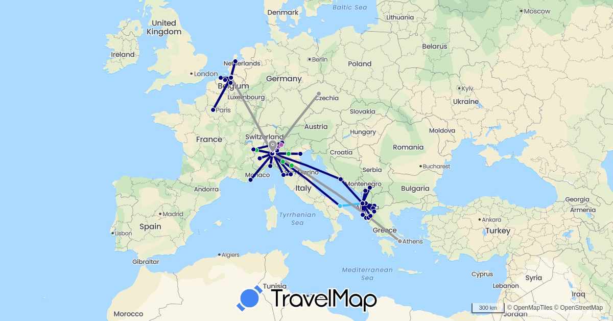 TravelMap itinerary: driving, bus, plane, train, boat in Albania, Belgium, Switzerland, Czech Republic, France, Greece, Croatia, Italy, Macedonia, Netherlands, Kosovo (Europe)